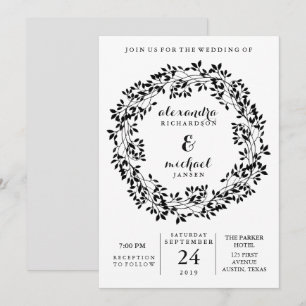 Black and White Rustic Botanical Wreath Wedding Invitation