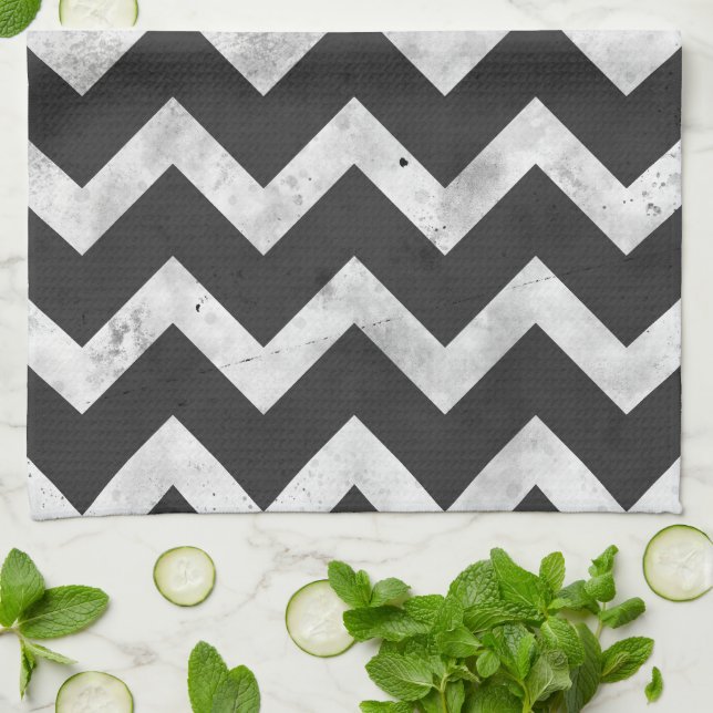 Black and white Rustic Chevron pattern Tea Towel (Folded)