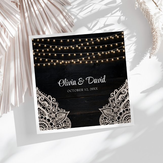 Black and White Rustic Elegance Wedding Napkins (Black and White Rustic Elegance Wedding Napkins on a sunny white table.)