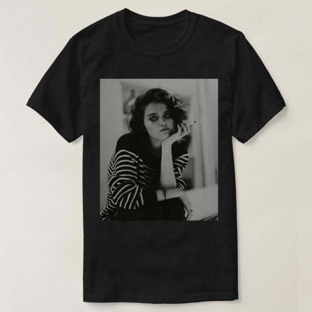 Black And White Sad Pretty Girl Smoking Cigarette  T-Shirt (Design Front)