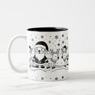 Black and White Santa Claus with Reindeers Two-Tone Coffee Mug