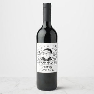 Black and White Santa Claus with Reindeers Wine Label
