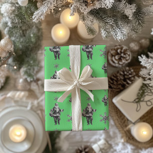 Black and White Santa Line Art Neon Green Wrapping Paper