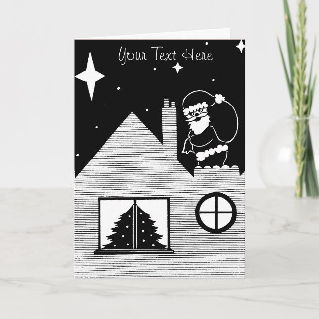 black and white santa with sack on roof christmas holiday card (Front)