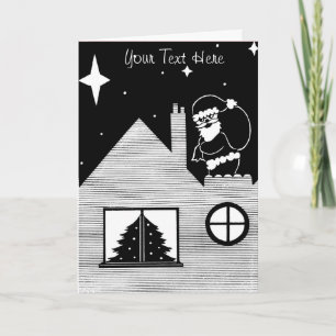 black and white santa with sack on roof christmas holiday card