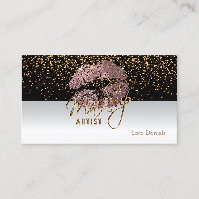 Black and White Satin Dusty Rose Lips Business Card (Front)
