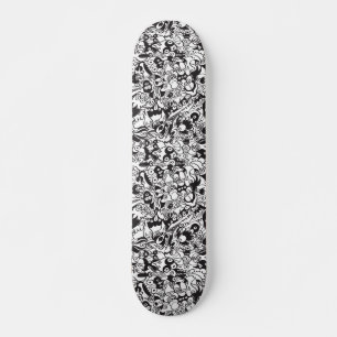 Black and white scary monsters in doodle art style skateboard