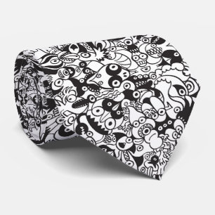 Black and white scary monsters in doodle art style tie