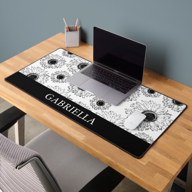 Black and White Scattered Sunflowers Desk Mat (Office 2)