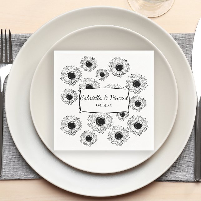 Black and White Scattered Sunflowers Wedding  Napkin (Creator Uploaded)