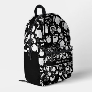 black and white School Supplies Pattern Printed Backpack