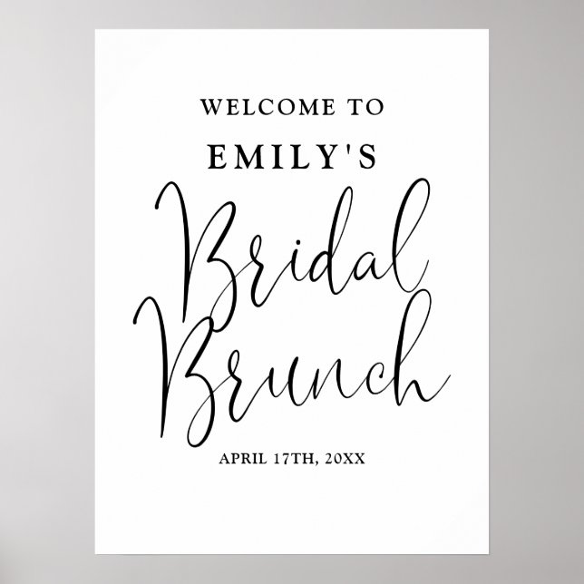 Black And White Script Bridal Brunch Welcome Sign (Front)