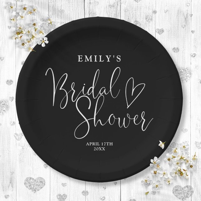 Black And White Script Calligraphy Bridal Shower Paper Plate (Black And White Script Calligraphy Bridal Shower Paper Plates)