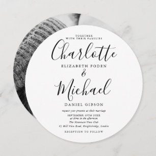 Black And White Script Circular Photo Wedding Invitation