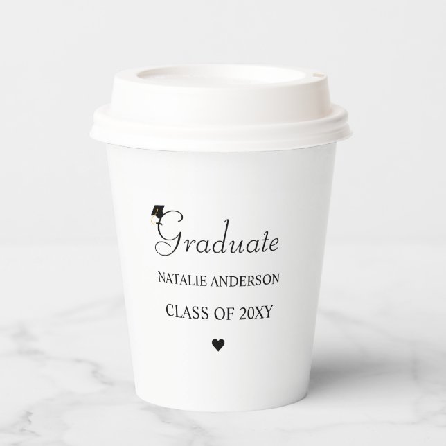 Black and White Script Elegant Graduate Graduation Paper Cups (Front)
