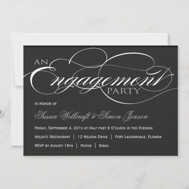 Black and White Script Engagement Party Invitation (Front)