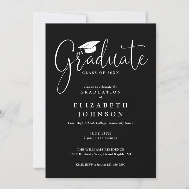 Black And White Script Graduation Party Invitation (Front)