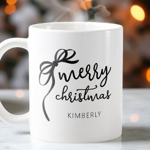 Black and White Script Modern Bow Merry Christmas Coffee Mug
