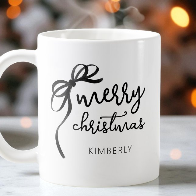 Black and White Script Modern Bow Merry Christmas Coffee Mug (Black and White Script Modern Bow Merry Christmas Coffee Mug)