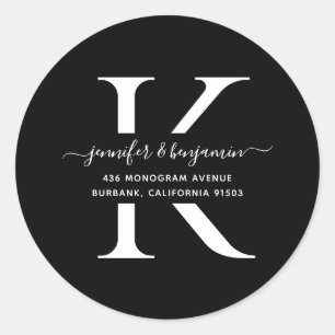 Black and White Script Monogram Return Address Classic Round Sticker