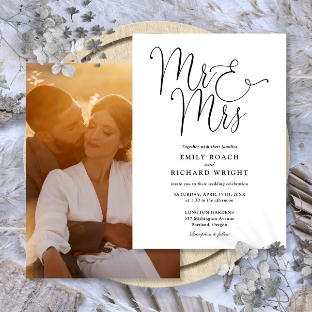 Black And White Script Mr And Mrs Photo Wedding Invitation (Black And White Script Mr And Mrs Photo Wedding Invitation)