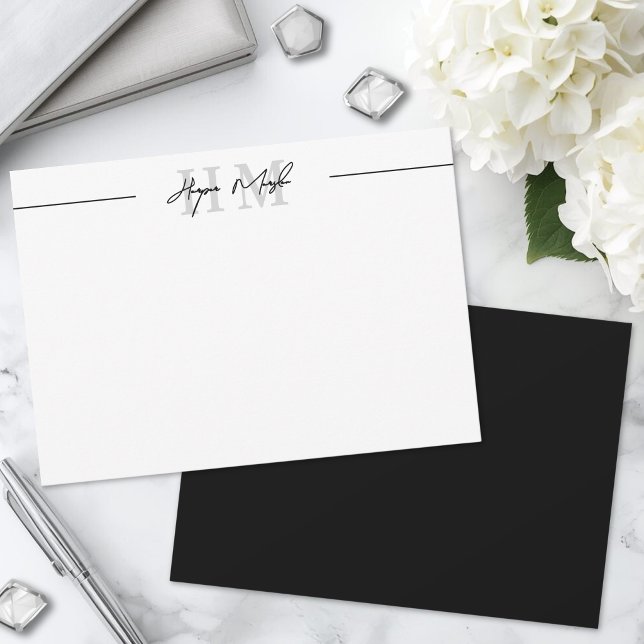 Black And White Script Name Monogram Card (Black And White Script Name Monogram Note Card )
