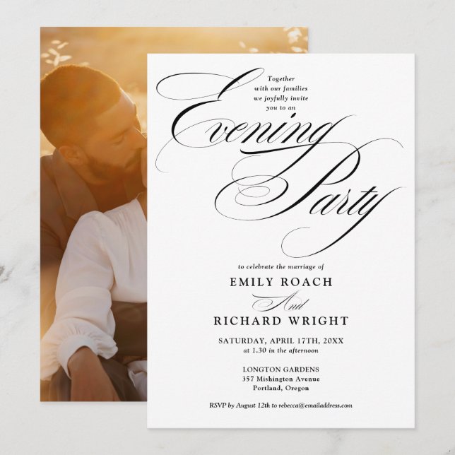 Black And White Script Photo Wedding Evening Party Invitation (Front/Back)