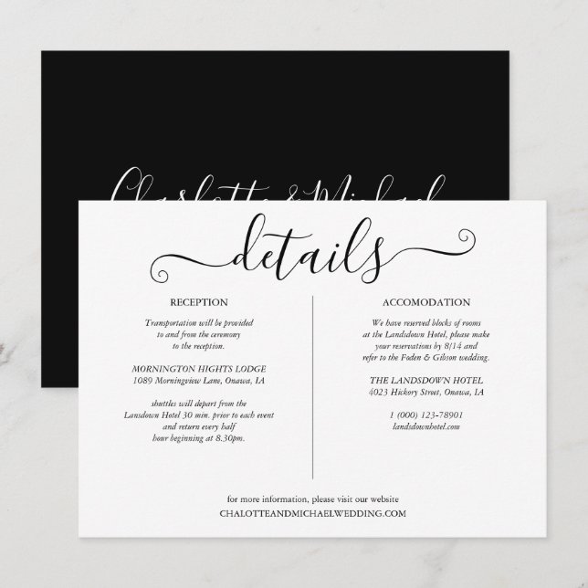 Black And White Script Wedding Details Info  Enclosure Card (Front/Back)