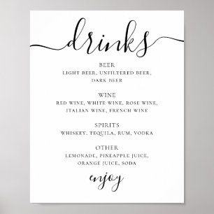 Black and white script wedding drinks bar menu poster