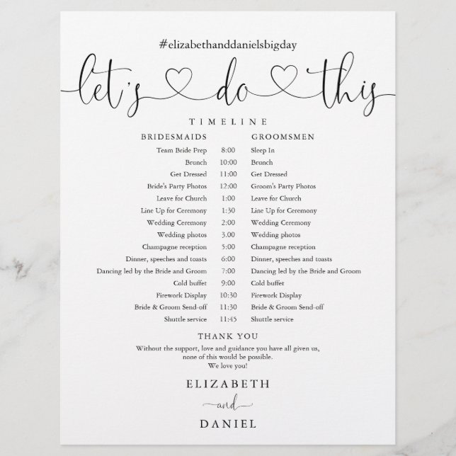 Black And White Script Wedding Schedule Timeline (Front)