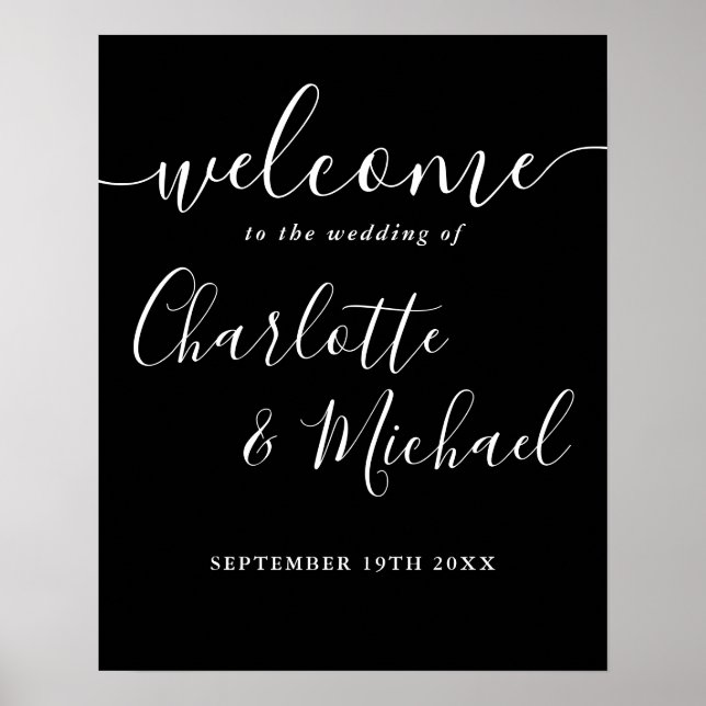 Black And White Script Wedding Welcome Sign (Front)
