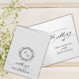 Black And White Script Whimsical Monogram Wedding Invitation