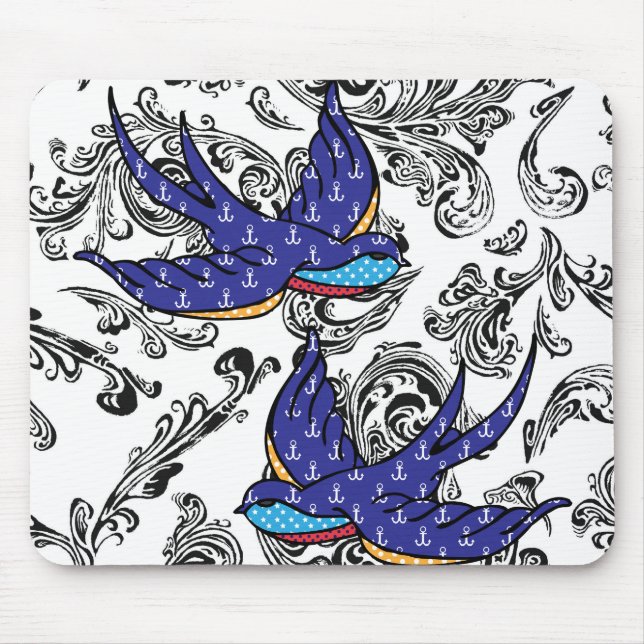 black and white scroll swallows mouse pad (Front)
