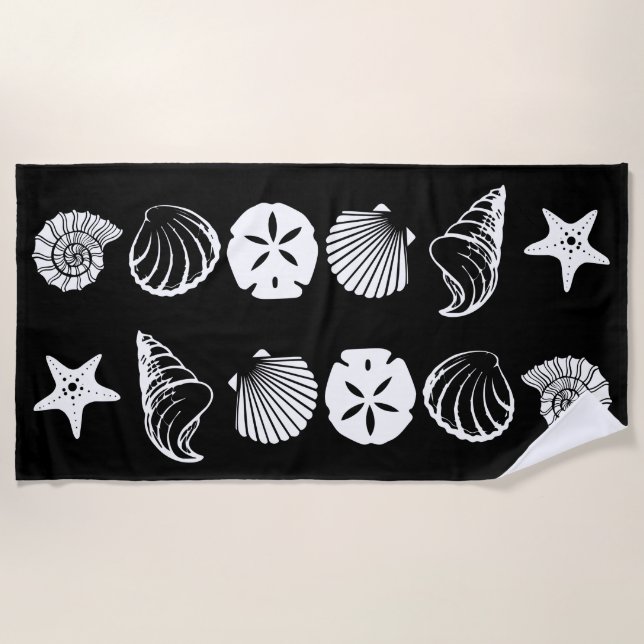 Black and white sea shell beach towel design (Front)
