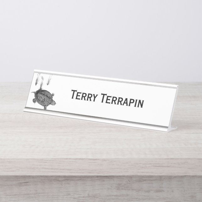 Black and White Sea Turtle Personalised Desk Name Plate (Front)