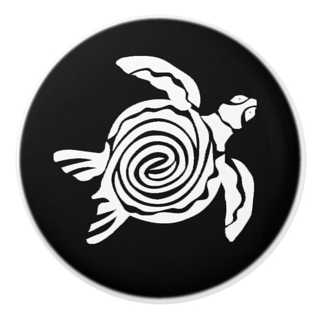 Black and White Sea Turtle Tropical Ceramic Knob (Front)