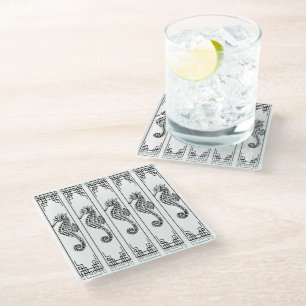 Black and White Seahorse - Graphic Illustration Glass Coaster