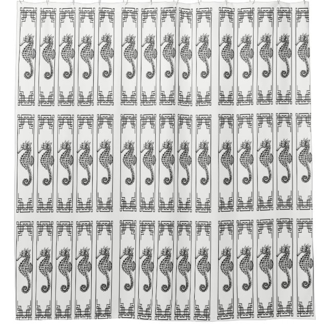 Black and White Seahorse - Graphic Illustration Shower Curtain (Front)