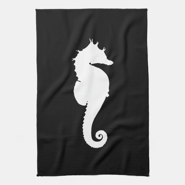 Black and White Seahorse Tea Towel (Vertical)