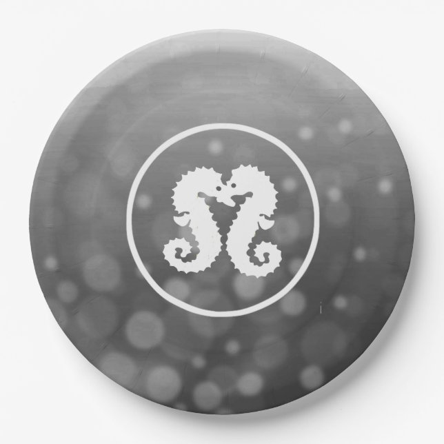 Black and White Seahorses Kissing Paper Plates (Front)
