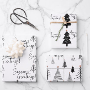 Black and White Season's Greetings Tree Wrapping Paper Sheet
