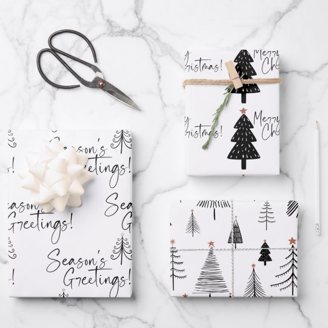 Black and White Season's Greetings Tree Wrapping Paper Sheet (Front)