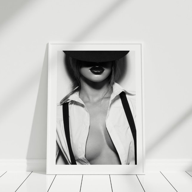 Black and White Sexy Fashion Model Poster (Black and White Sexy Fashion Model Poster in white frame on white wooden floor.)