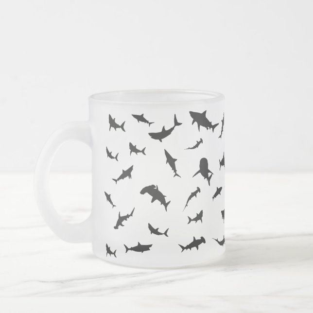 Black and white Shadow fish shark whale pattern Frosted Glass Coffee Mug (Left)