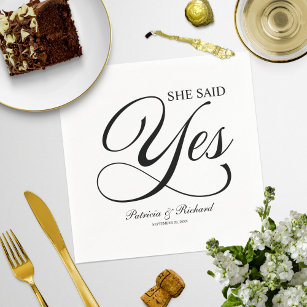 Black And White She Said Yes Engagement Party Napkin