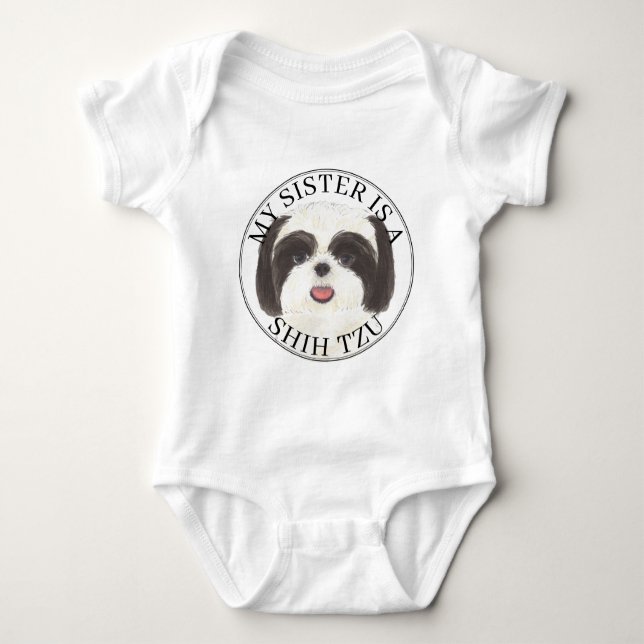 Black and White Shih Tzu Big Sister Baby Bodysuit (Front)