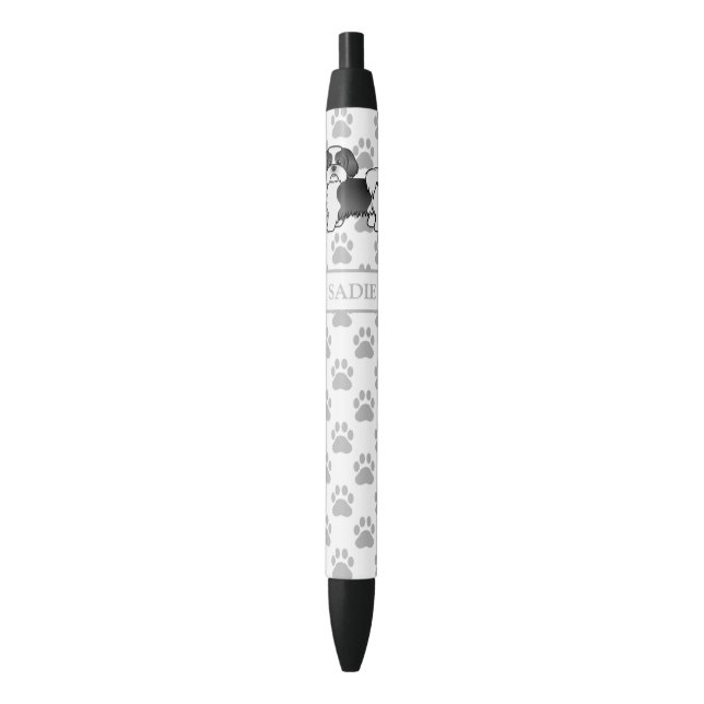 Black And White Shih Tzu Cartoon Dog & Name Ink Pen (Front Vertical)