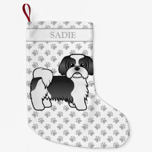 Black And White Shih Tzu Cartoon Dog & Name Small Christmas Stocking