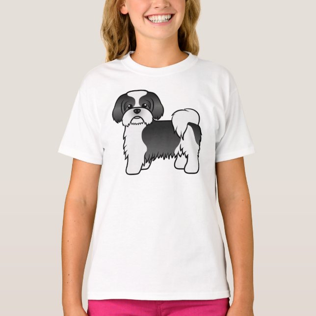 Black And White Shih Tzu Cute Cartoon Dog T-Shirt (Front)