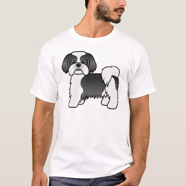Black And White Shih Tzu Cute Cartoon Dog T-Shirt (Front)